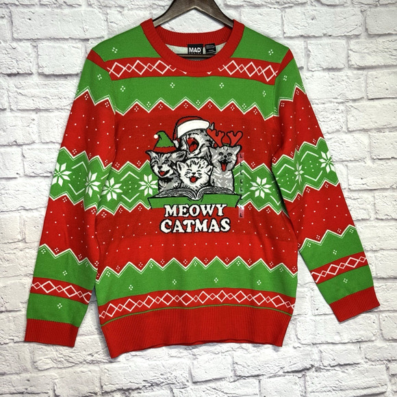 New Ugly Christmas Sweater Size L Cat Meowy Catmas Unisex Holiday Mad Engine - Picture 1 of 5